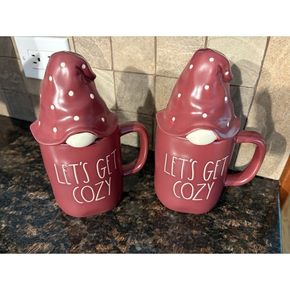 RAE DUNN  Set of 2 Let’s get Cozy Gnome Mugs with Lid Holiday 2022 Christmas